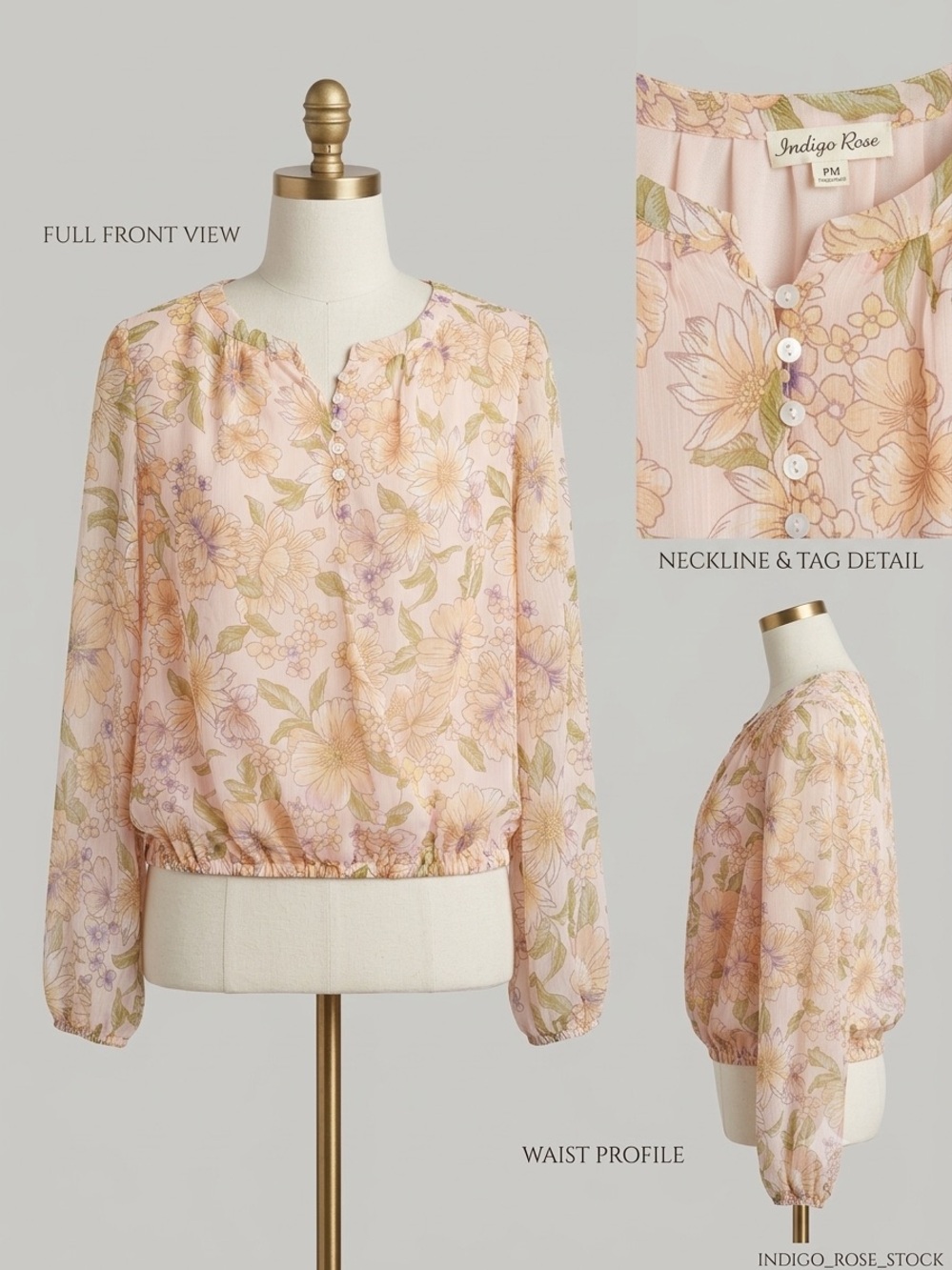 Indigo Rose Women's Blush Floral Button Henley Blouse